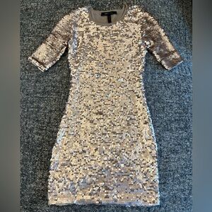 Gold Sequin Dress BCBGMAXAZRIA Marta Fitted Mini Cocktail 1/2 Sleeve